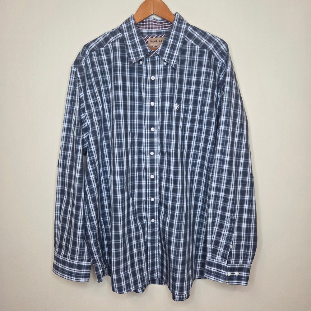 Ariat Mens XXL Wrinkle Free Plaid Button Down Shirt Gray Blue Long‎ Sleeve Logo